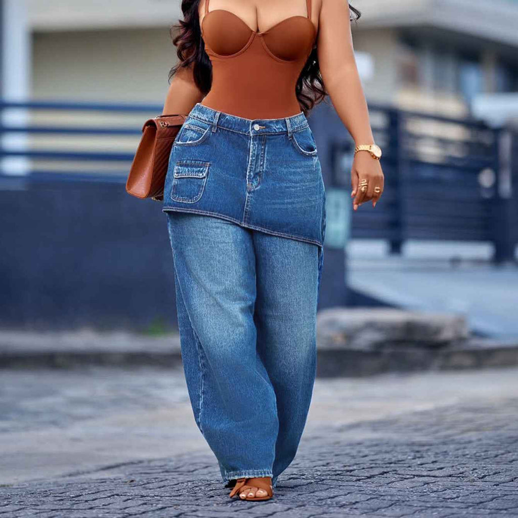 Women's Retro Wide-Leg Denim Jeans — Faux Two-Piece Style