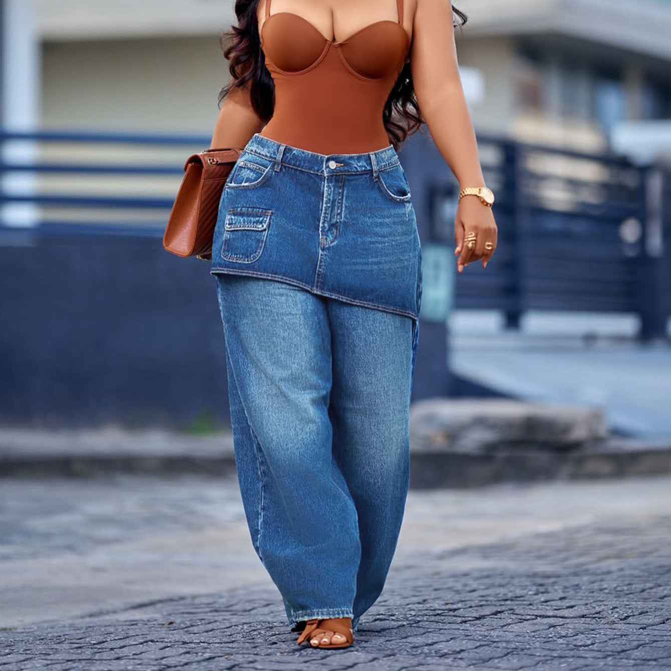 Women's Retro Wide-Leg Denim Jeans — Faux Two-Piece Style