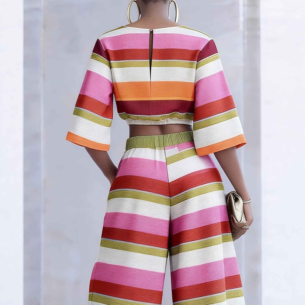 Women's Striped Two-Piece Set — Top & Cropped Wide-Leg Trousers