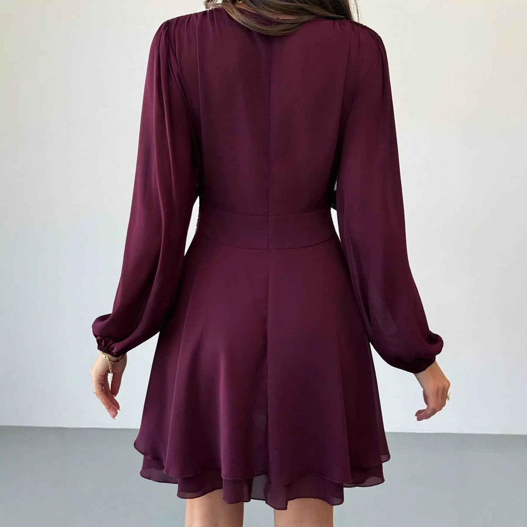 Long Sleeve Lace-Up High-Waist A-Line Dress