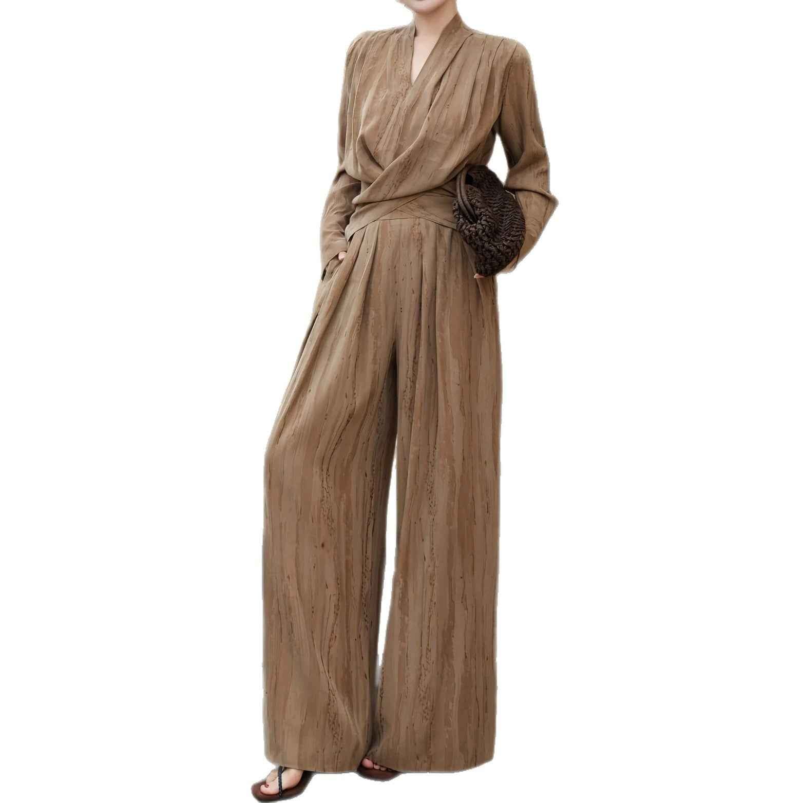 Womens Fashionable Slim-Fit V-Neck Top And Waist-Cinching Wide-Leg Pants Set