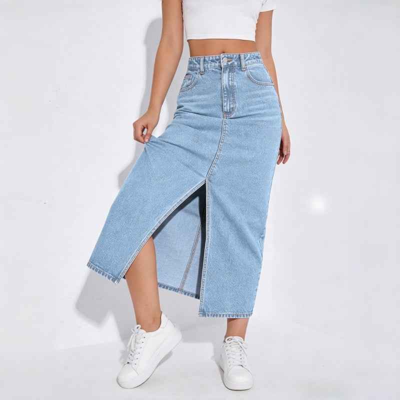 High-Waisted Light Wash Denim Midi Skirt – Front Slit A-Line Jean Skirt