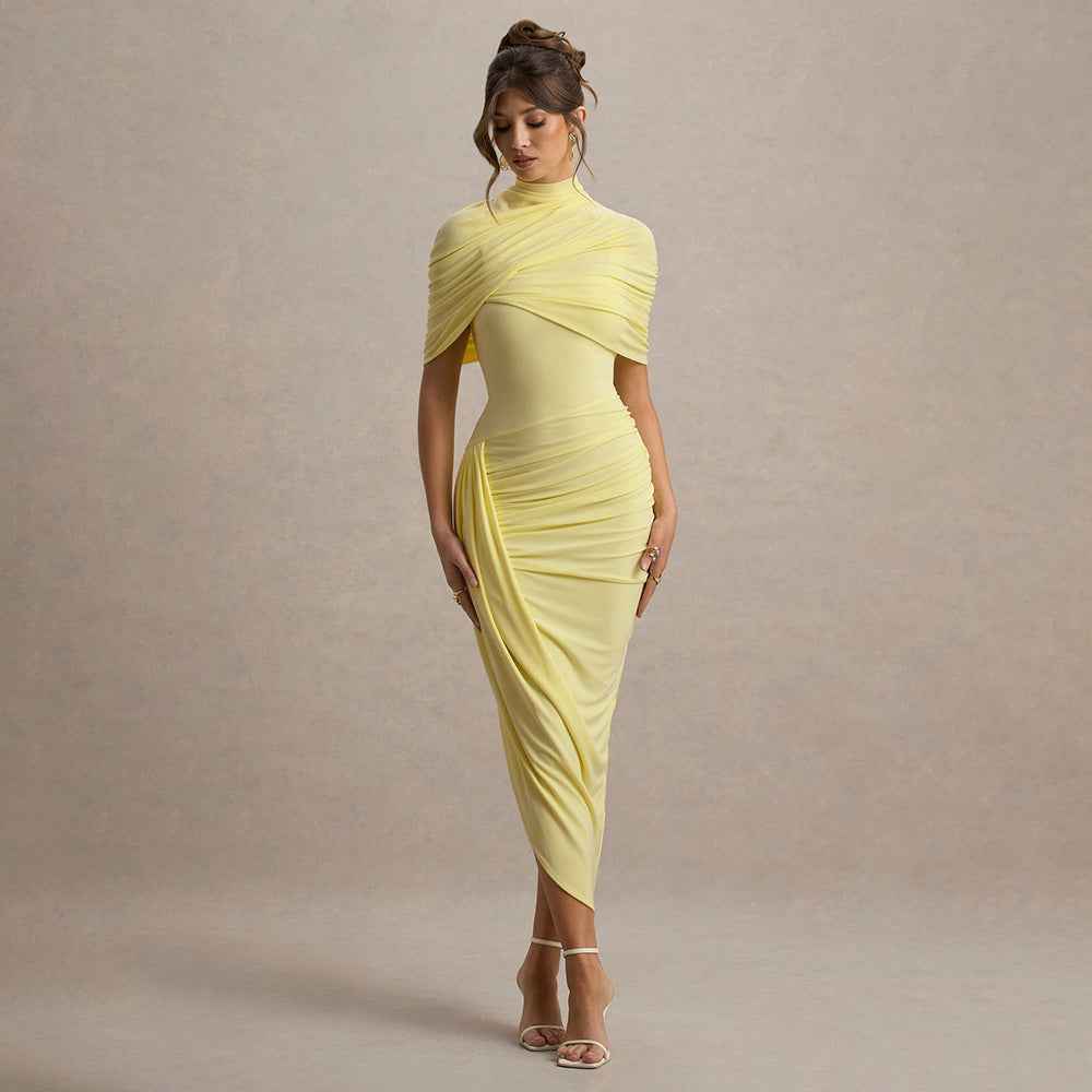 High Neck Cape Sleeve Ruched Bodycon Midi Dress