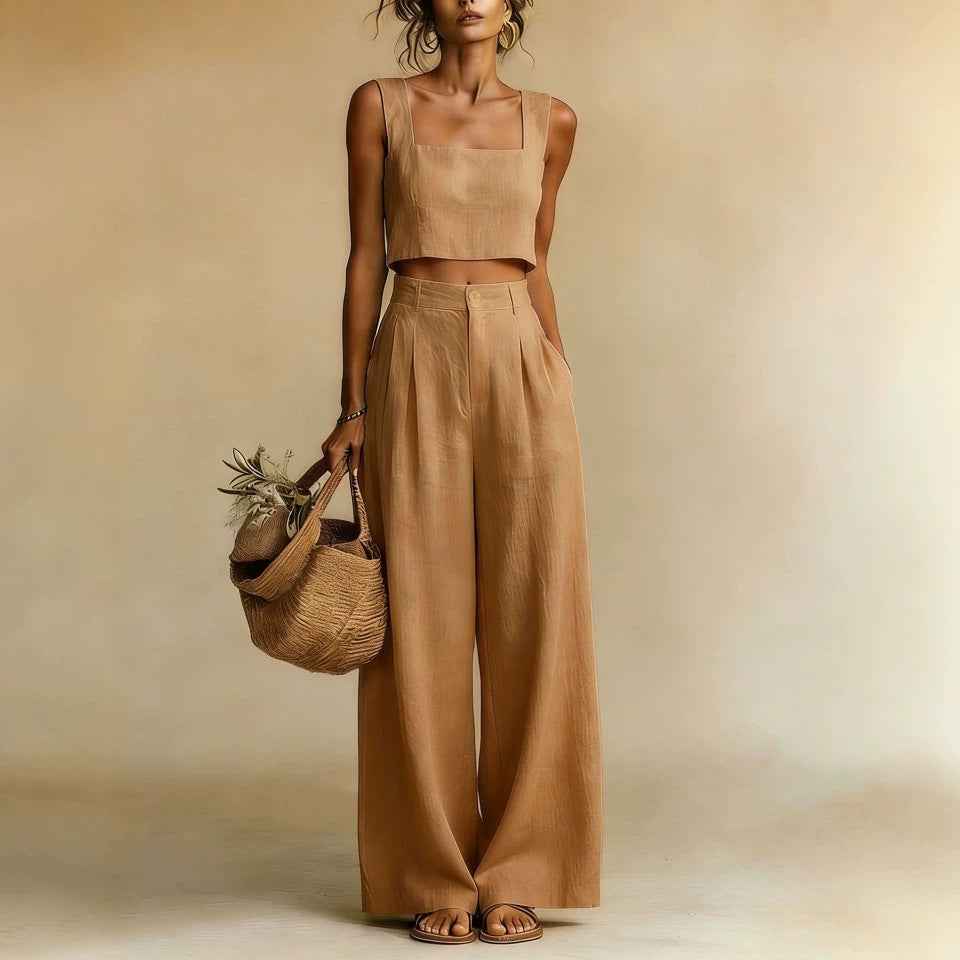Square-Neck Vest & Wide-Leg Trousers Set – Minimalist Two-Piece