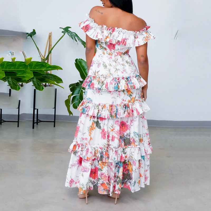 British-Style Printed Tiered Ruffle Hem Midi Dress