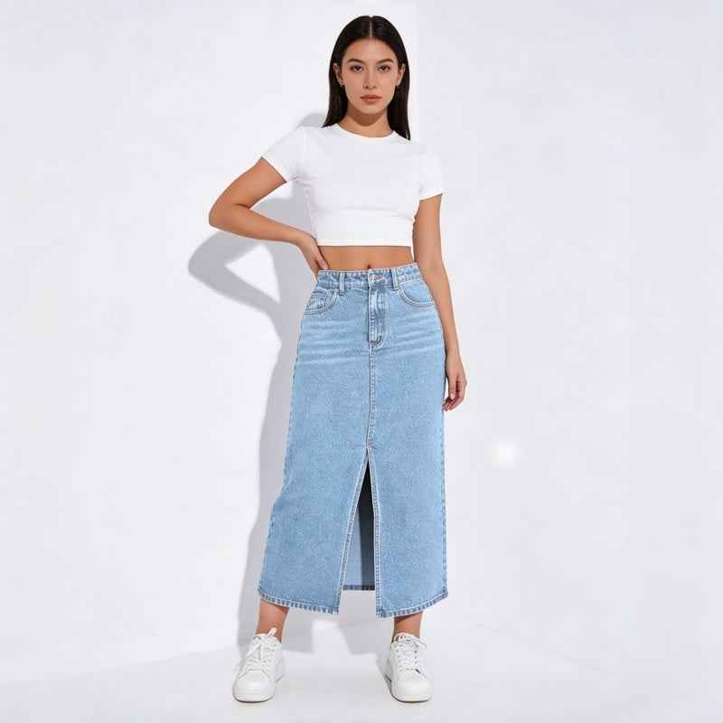 High-Waisted Light Wash Denim Midi Skirt – Front Slit A-Line Jean Skirt