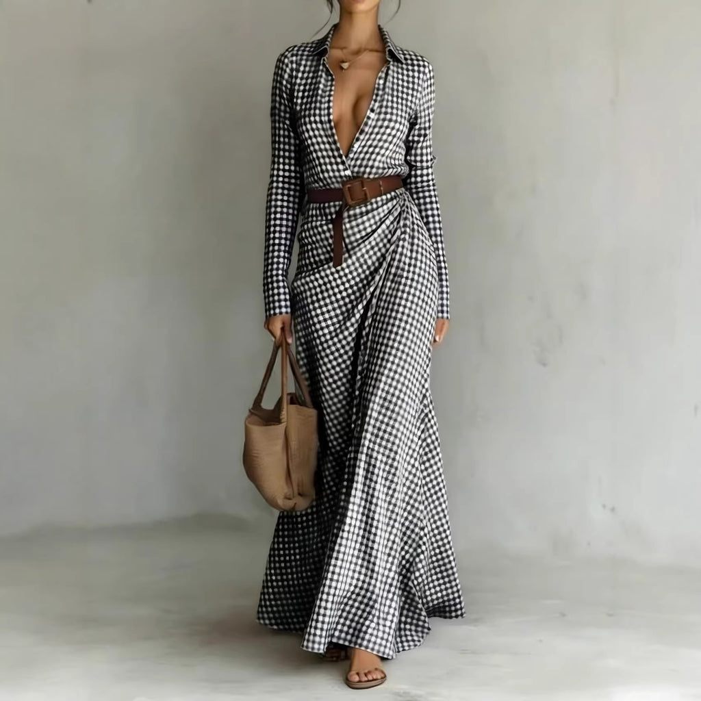 Slim-Fit Pleated Midi Dress with Belt — Plaid & Solid