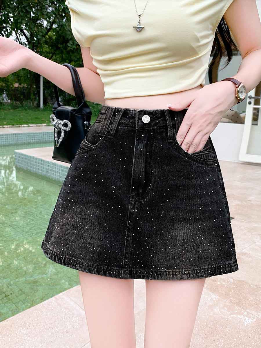 High-Waisted Rhinestone Denim Skort – Sparkly A-Line Mini with Built-in Shorts