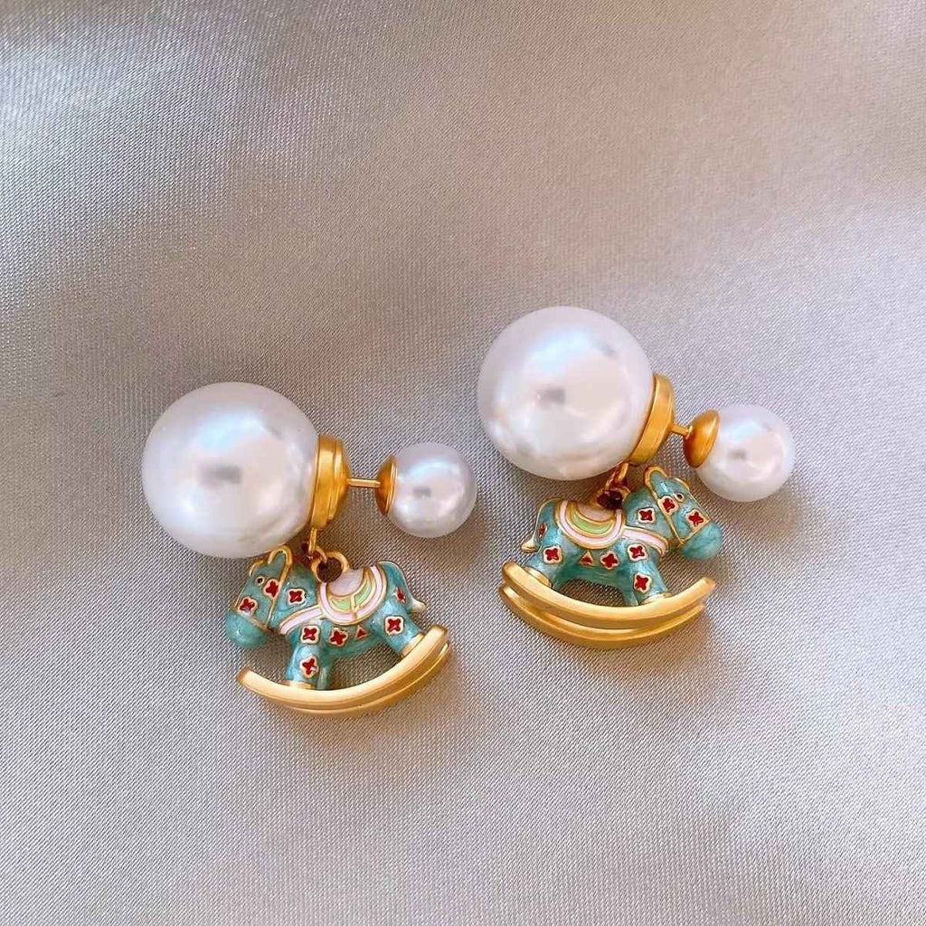 Year Of The Horse Pearl & Enamel Horse Earrings, Light Luxury Niche Autumn Winter Jewelry