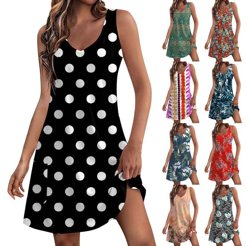 Sleeveless Loose-Fit Printed V-Neck Casual Dress