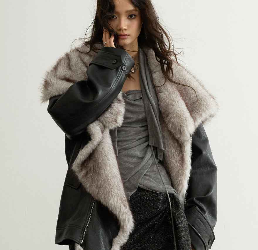 Women's Faux Leather Jacket with Detachable Fur Collar