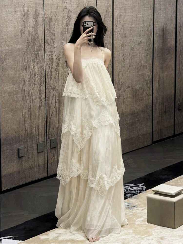 Women's Vintage Lace Ombre Strap Maxi Dress