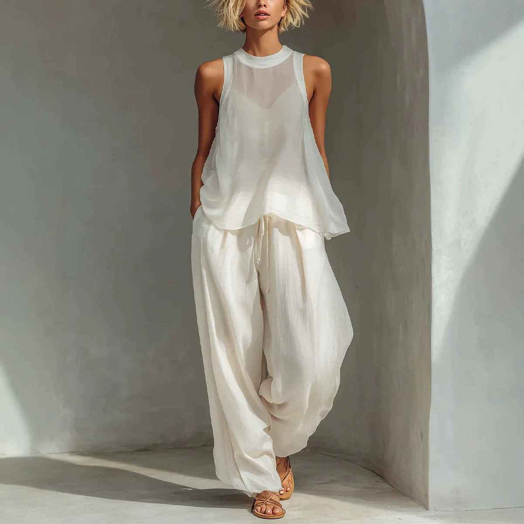Women's Sheer Chiffon Tank & Wide-Leg Pants Set — 4 Colours, S–3XL