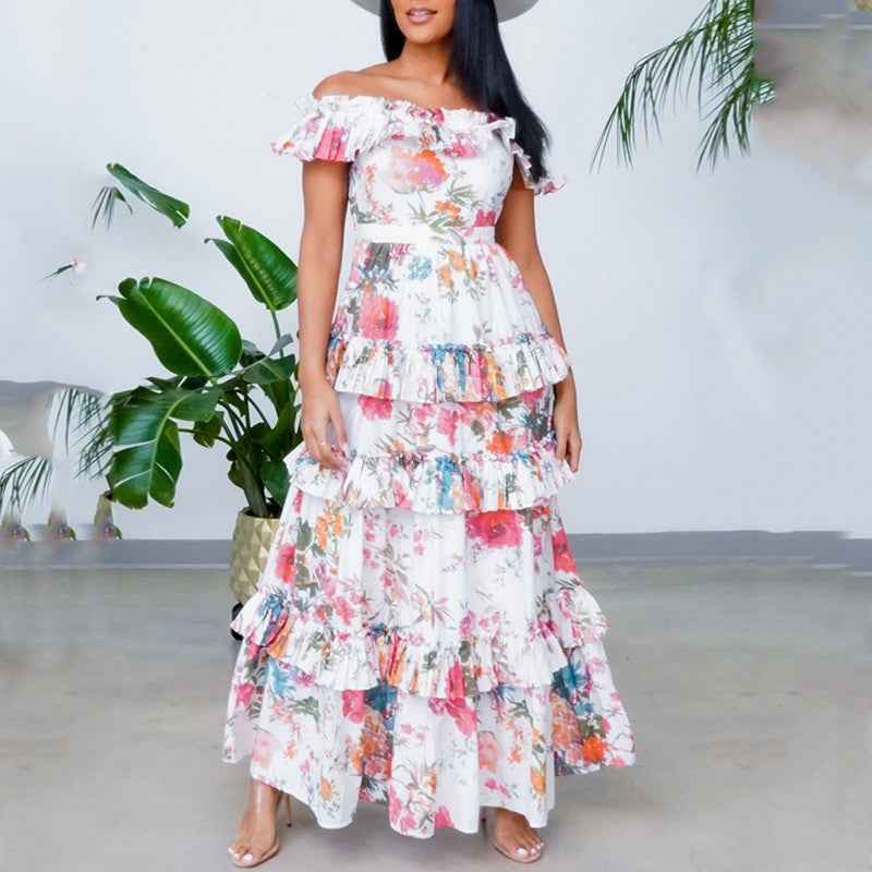 British-Style Printed Tiered Ruffle Hem Midi Dress