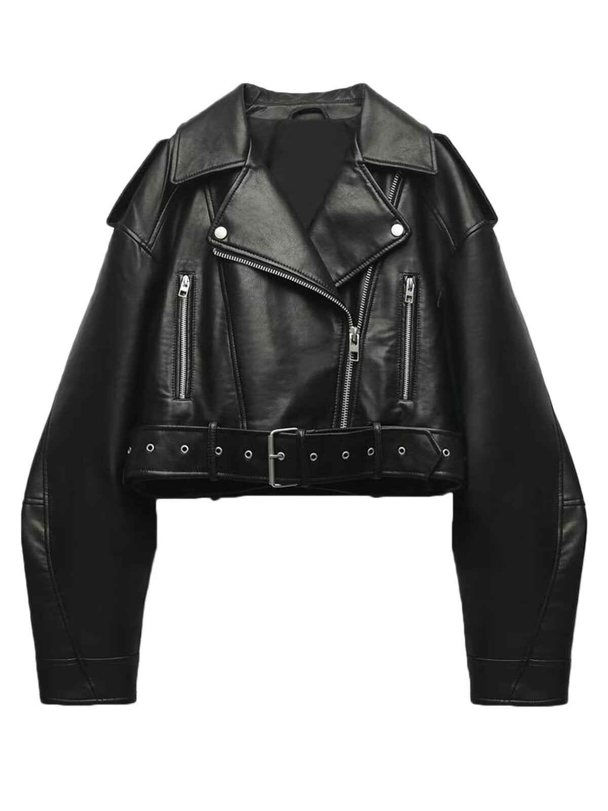 Women's Belted Biker Jacket — Faux Leather