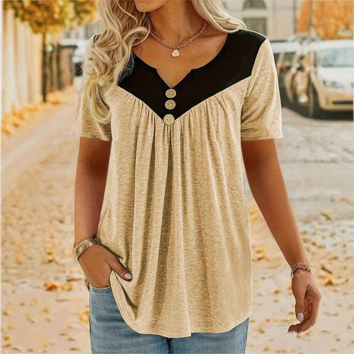 Womens Solid-color Short-sleeve Top With Button Detailing