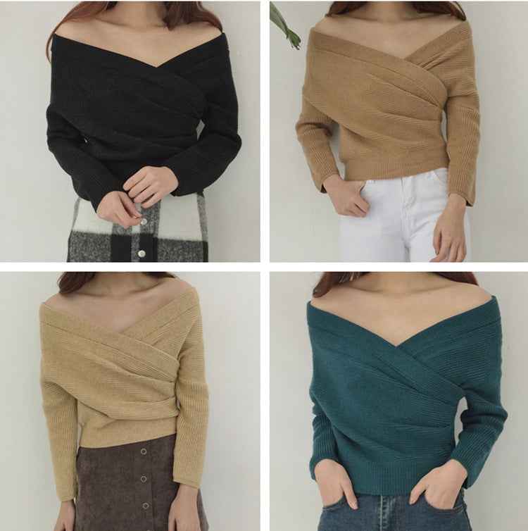 Womens Slim-Fit Knitted Sweater With A Cross V-Neck