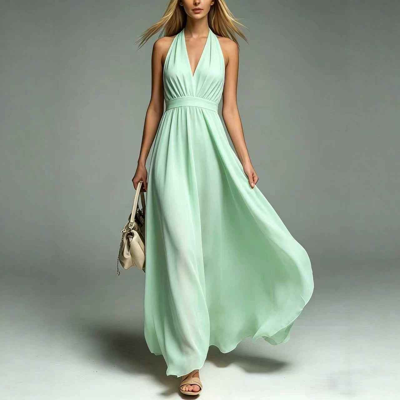 Womens New Solid-color V-neck Sleeveless Waist-cinching Dress