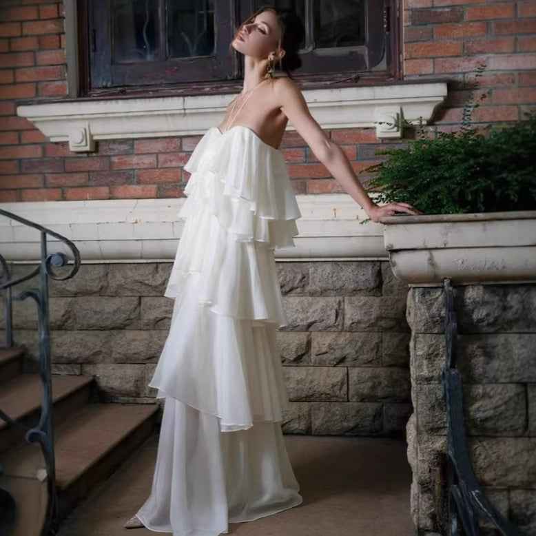 Halterneck Ruffled-Hem Maxi Dress — Sleeveless, Slim Fit Evening Gown