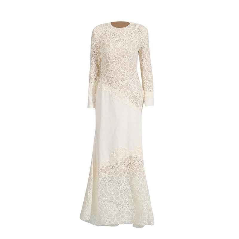 High-Waist Long-Sleeve Lace Embroidered Patchwork Bodycon Formal Maxi Gown
