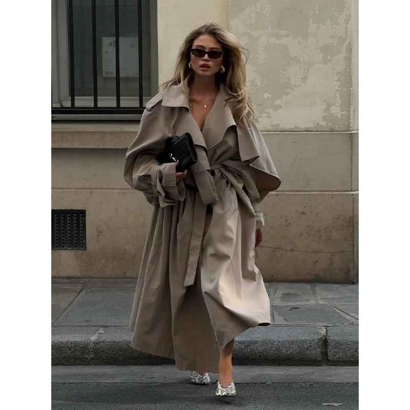 A-Line Lace-Up Shawl Collar Long Trench Coat — Brown