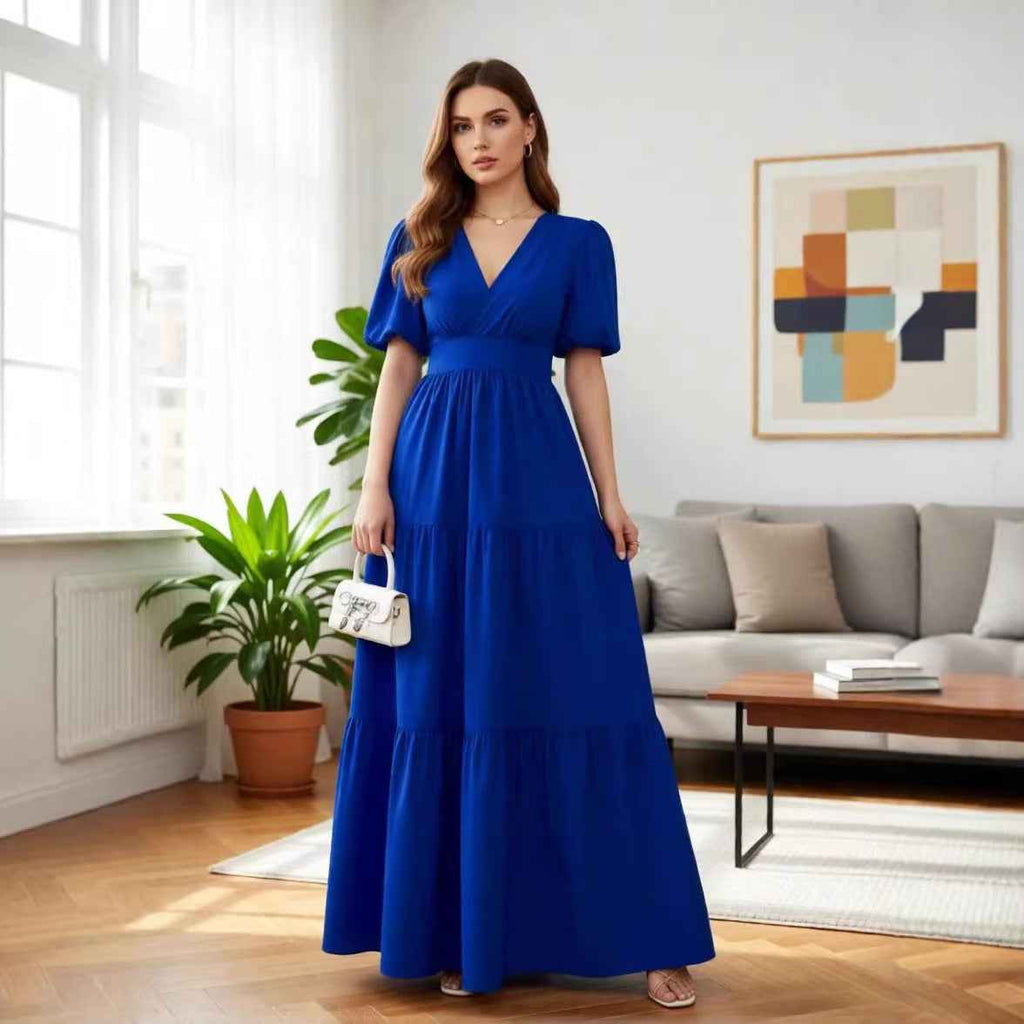 Solid-color Short-sleeve High-waisted Long Dress For Women