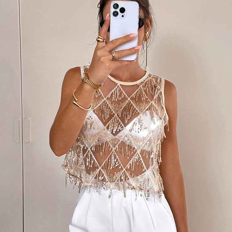 Women's Off-Shoulder Sequin Tassel Tank Top – Party & Stage, Black & Champagne