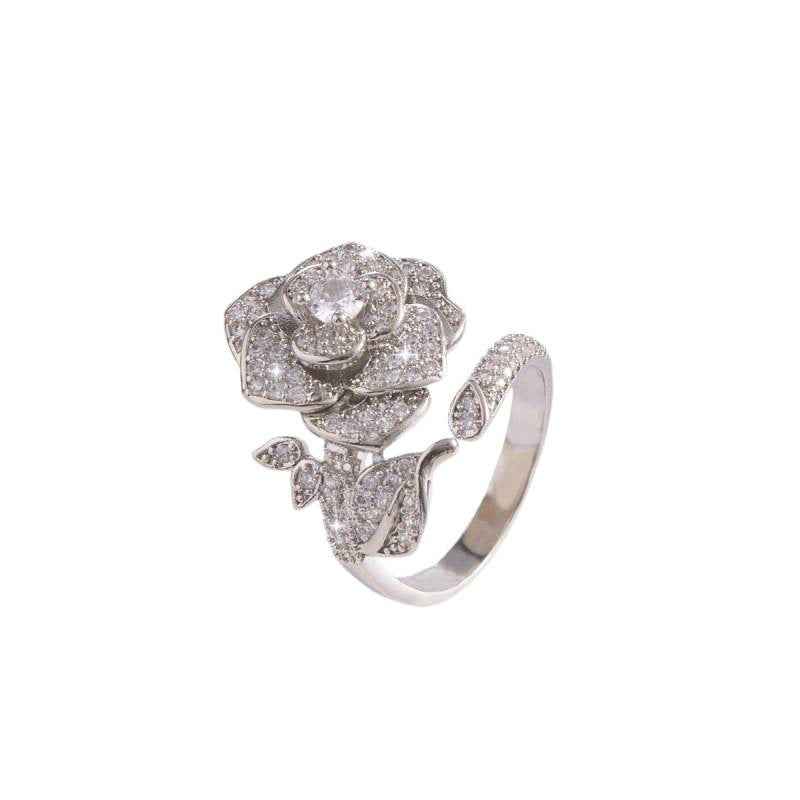 Fashionable Light-luxury High-end Diamond-studded Camellia Open Ring