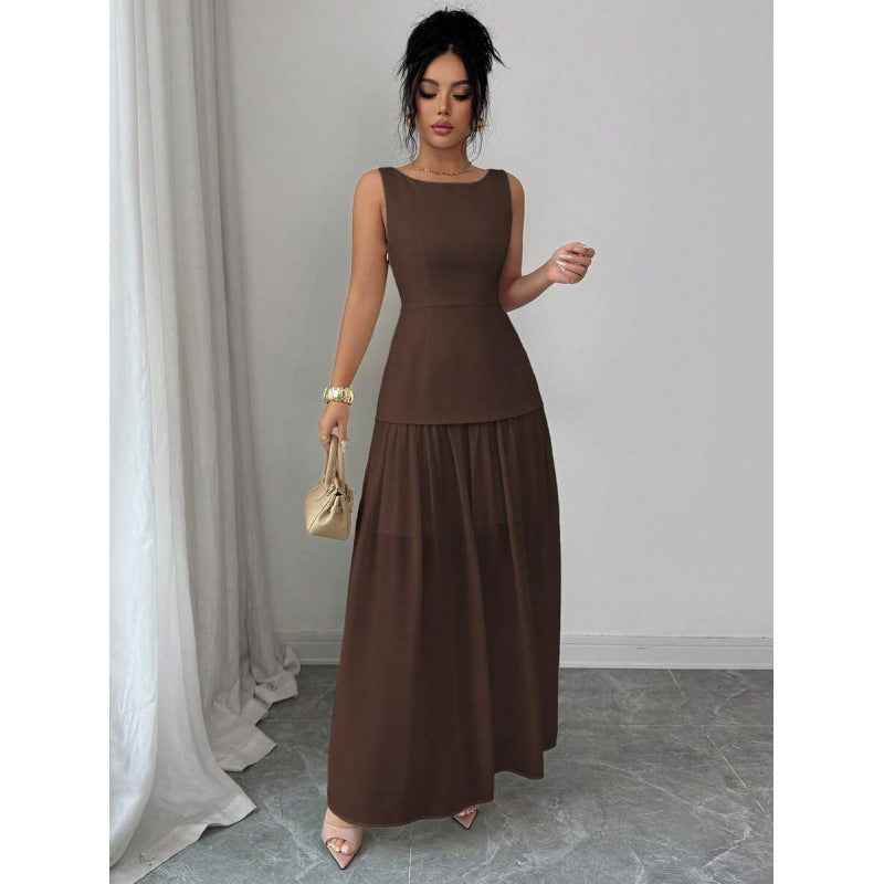 Colour-Block Sleeveless A-Line Midi Dress – High Waist Boat Neck