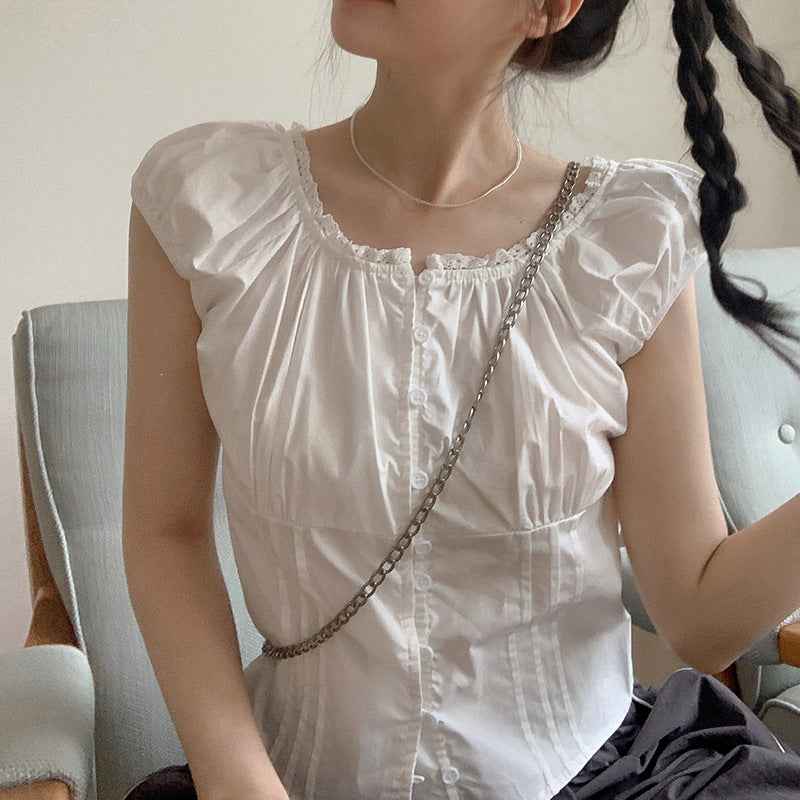 Puff Sleeve Patchwork Blouse — Korean Style, Cotton Blend, Slim Fit