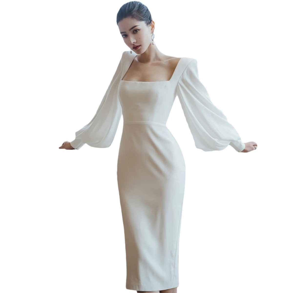 French Minimalist Mermaid Midi Dress – Lantern Sleeve