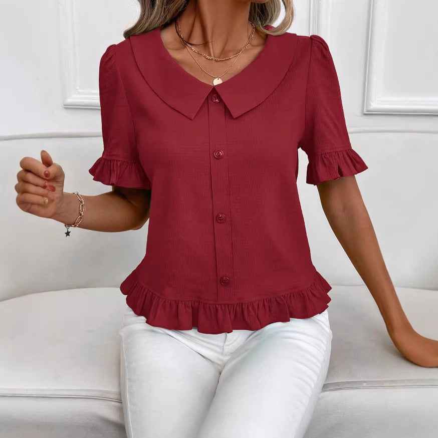 Petal-Sleeve Slant-Shoulder Top — 6 Colours
