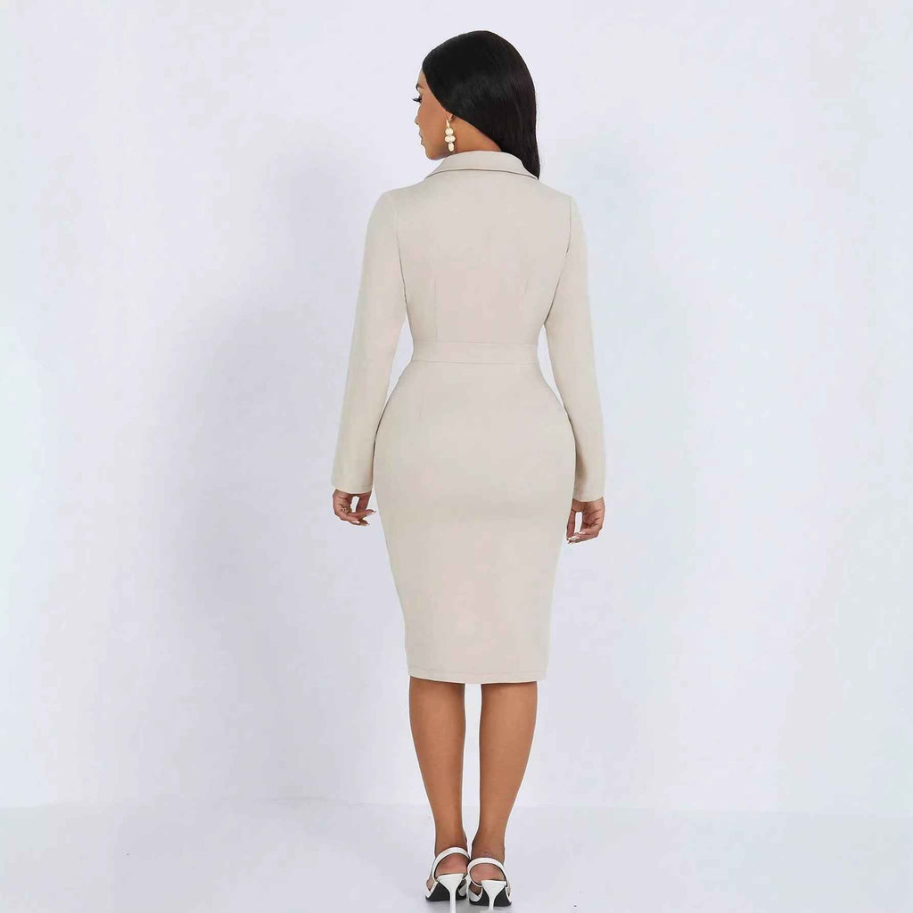Patchwork Lapel-Neck Long-Sleeve Dress