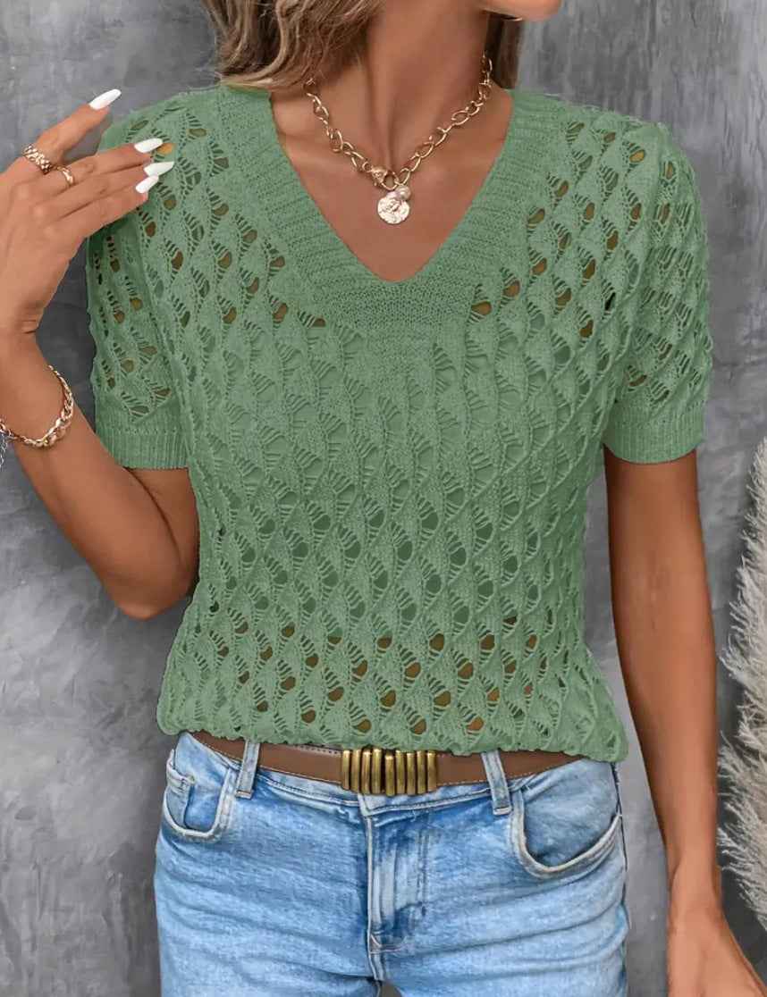 Women's Hollow-Out Knit V-Neck Short-Sleeve Sweater Top — 4 Colours, XS–XL