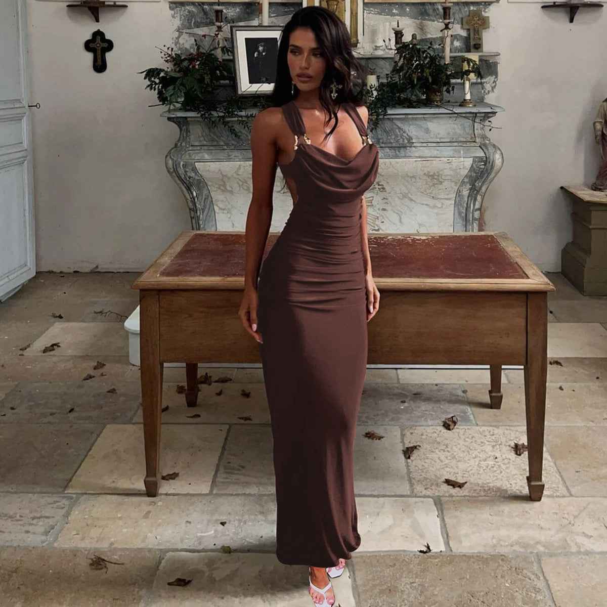 Fashionable And Sexy Backless Pleated Slim-fit Strap Dress