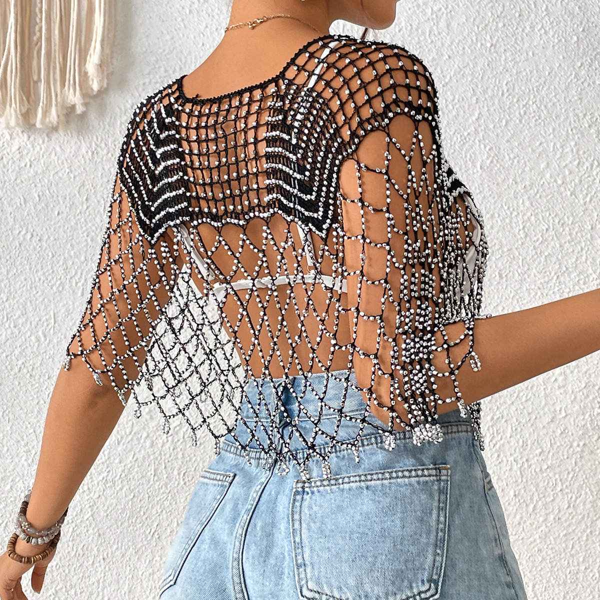 New Arrival Women Hollow Out Beaded Tassel Cape Shawl, Sheer Sun Protection Bikini Cover Up, European American Resort Beach Outfit