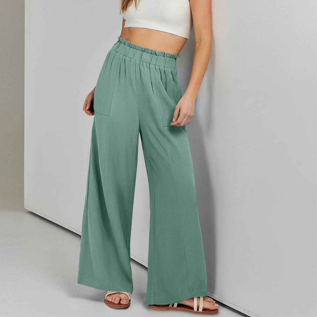 Solid-color High-waisted Loose-fit Casual Wide-leg Pants