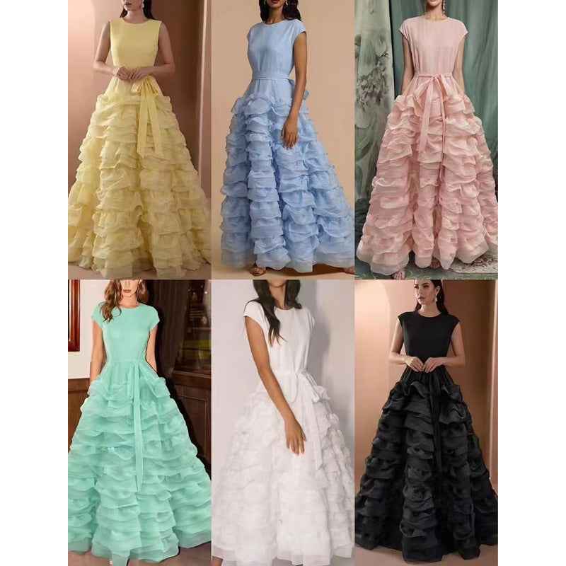 A-Line Floor-Length Multi-Layer Ruffle Colour-Block Maxi Dress