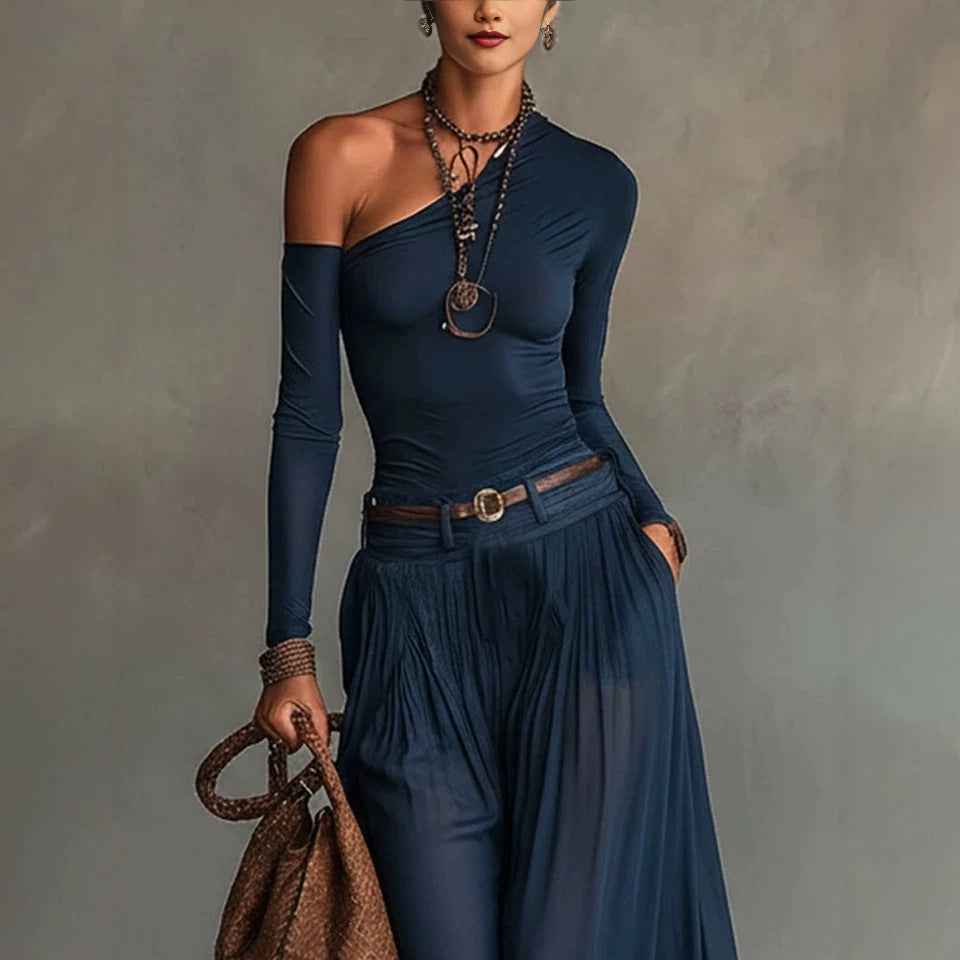 Women's Navy Blue Long-Sleeve Straight-Cut Maxi Dress — Relaxed Fit