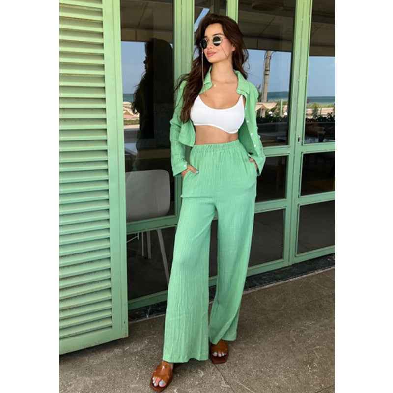 Embossed Short Blouse And High-waisted Wide-leg Elastic-waist Pants Two-piece Set
