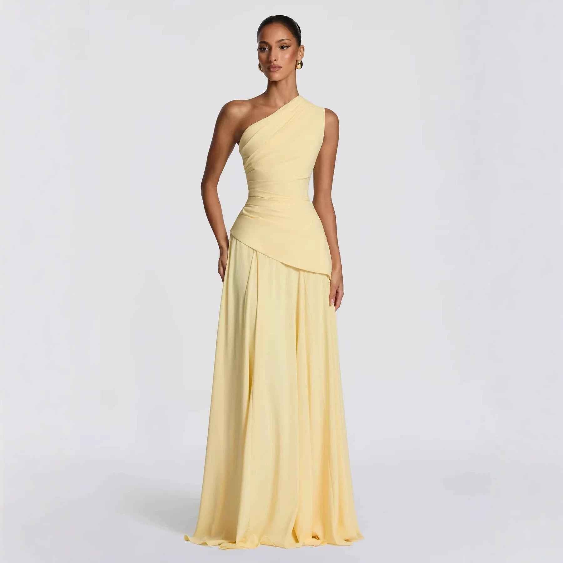 Women's One-Shoulder Metallic Yarn Evening Gown — Lace-Up & Straight Silhouette