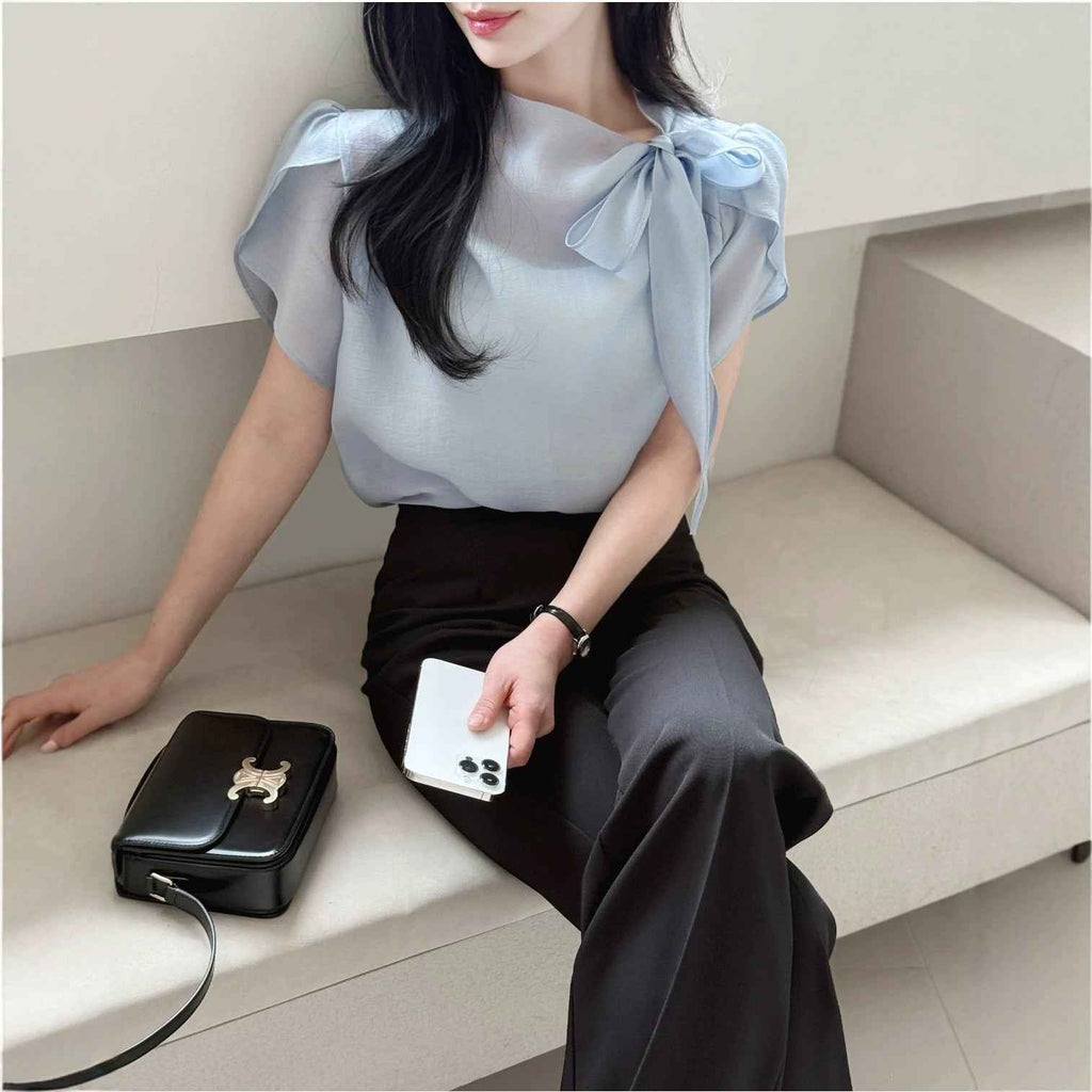 Lace-Up Ruffle Short Sleeve Blouse – Patchwork Detail