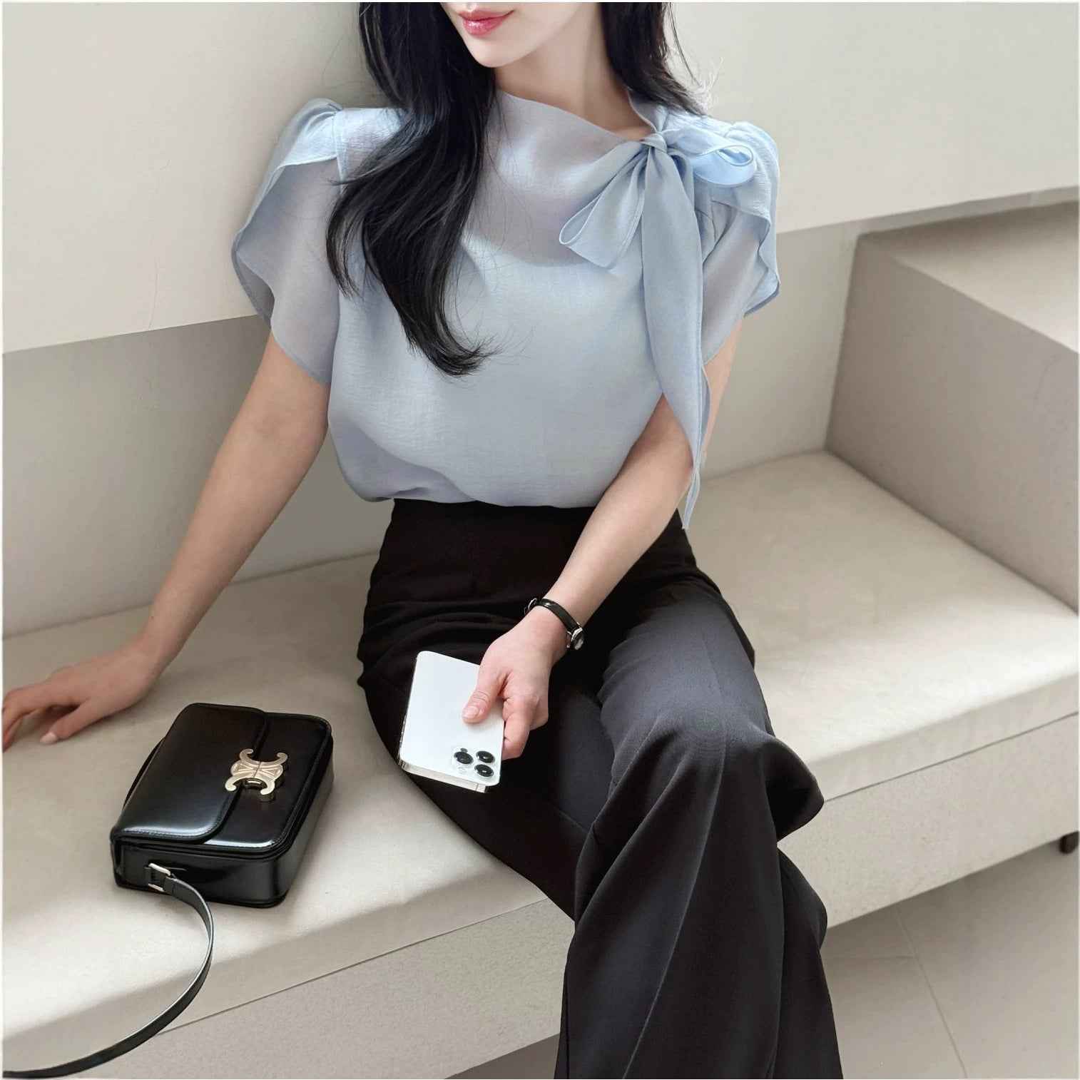 Lace-Up Ruffle Short Sleeve Blouse – Patchwork Detail