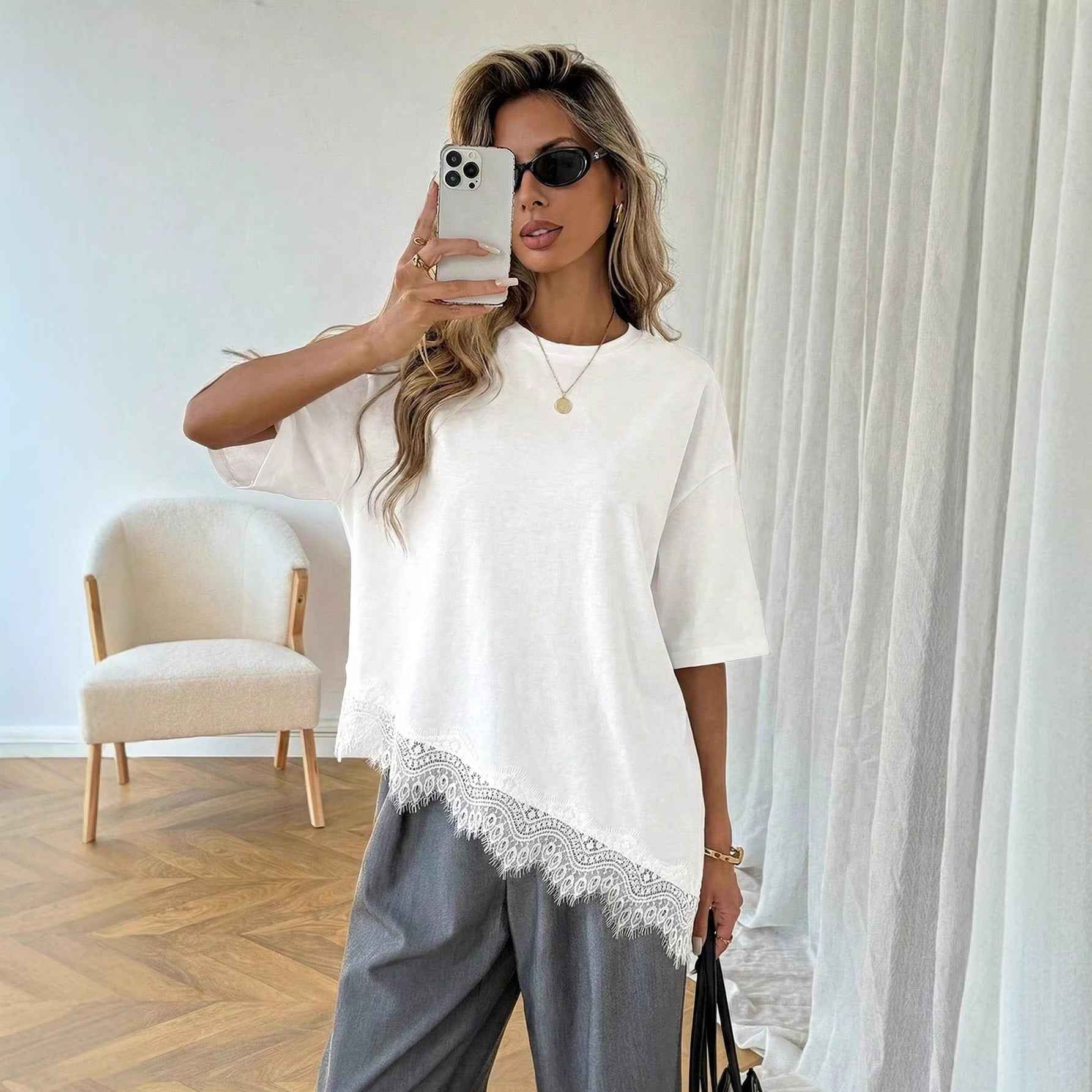 Lace-Trim Top — Slanted Hem, 3/4 Sleeve Minimalist Style