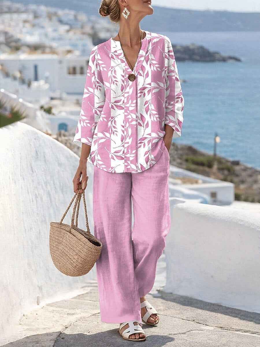 Linen V-Neck Printed Shirt Casual Resort Two-Piece Set