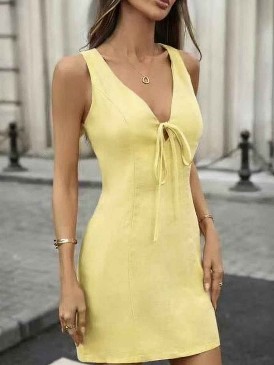 Deep V-Neck Tie-Front Slim Mini Dress