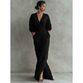 Linen Wrap Maxi Dress — V-Neck Waist-Tie with Pockets