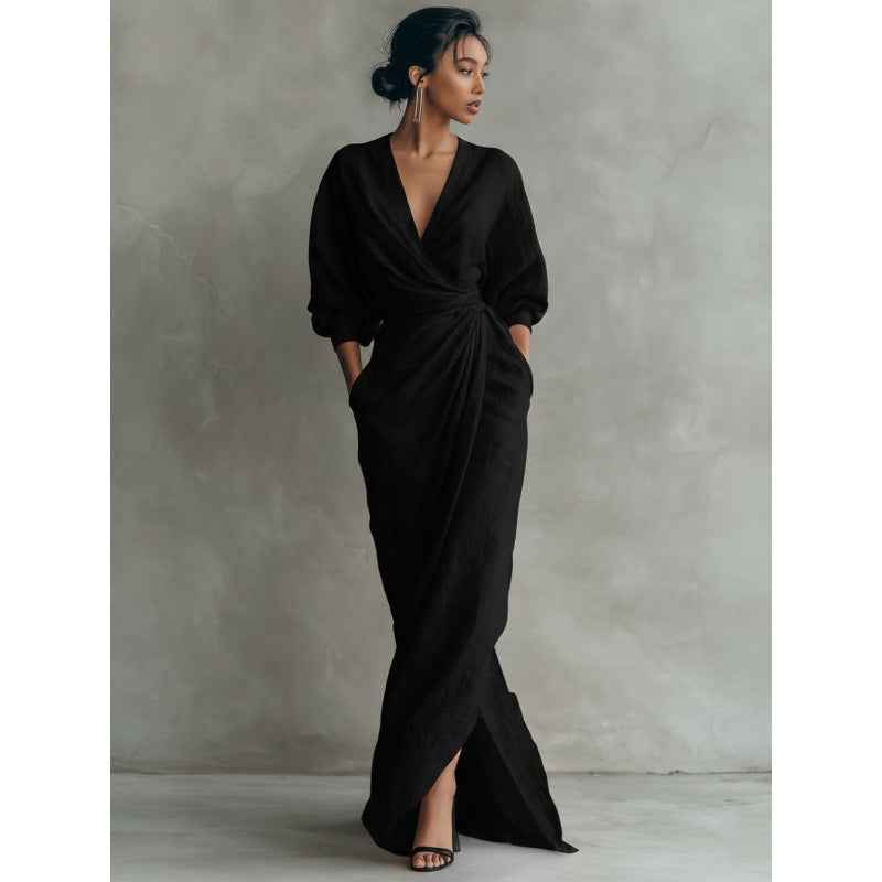 Linen Wrap Maxi Dress — V-Neck Waist-Tie with Pockets