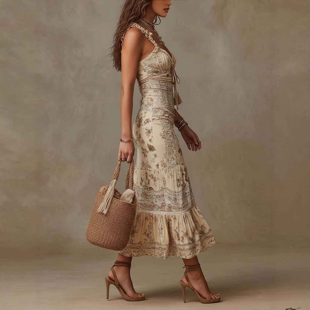 Strap Waist-cinching Pleated Midi Dress