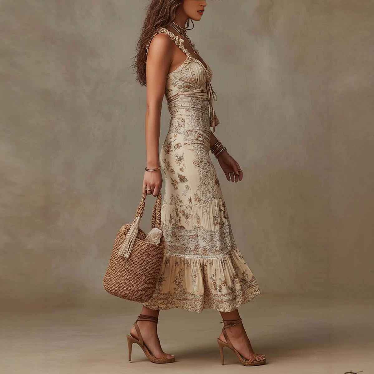 Strap Waist-cinching Pleated Midi Dress